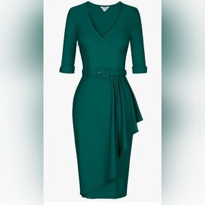 MUXXN Women's Vintage Retro V Neck Boutique- Belted Dark Green Dress Size 2XL